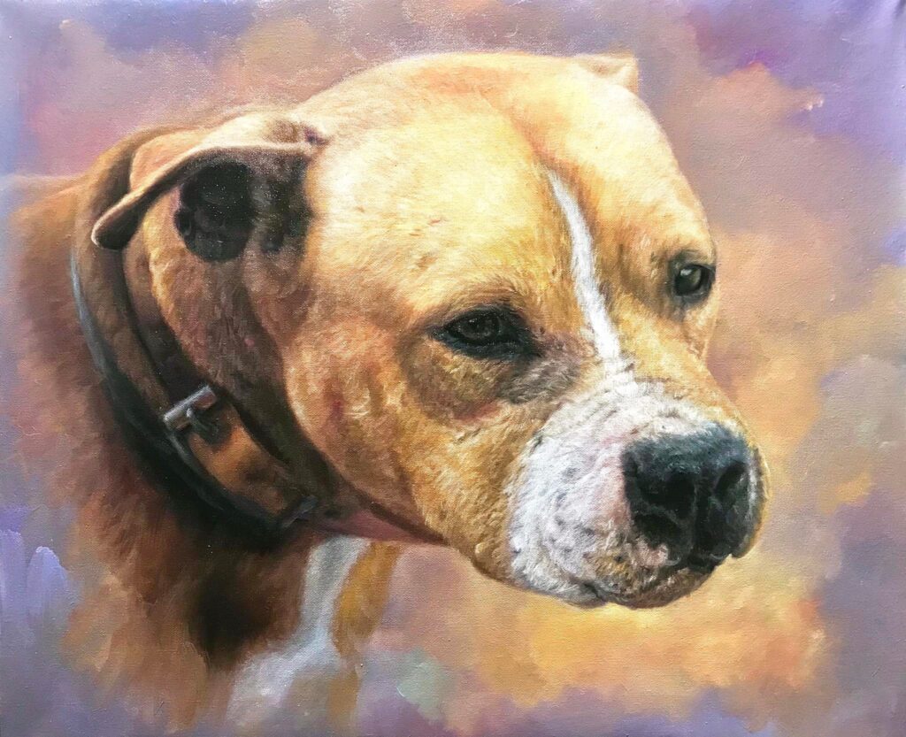 A painting of a dog with a collar on it's neck.