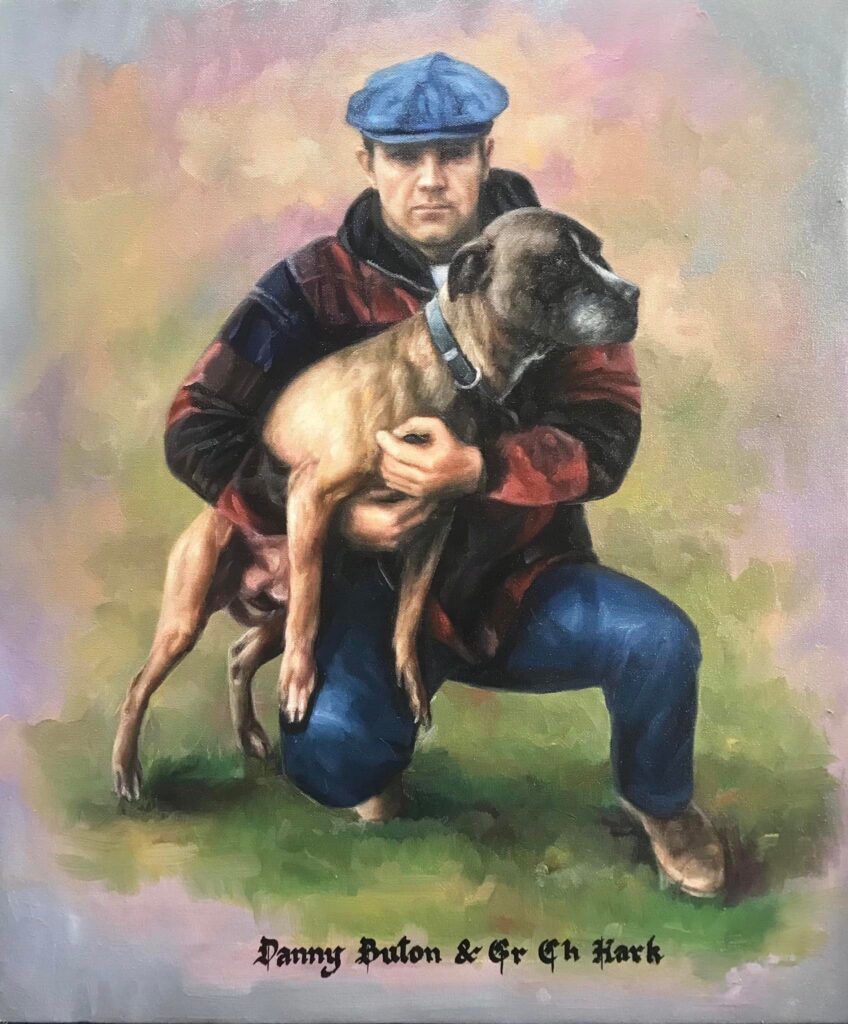 A painting of a man holding a dog