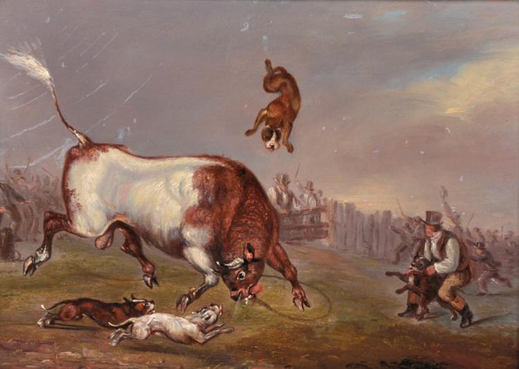 A painting of two dogs chasing a cow.