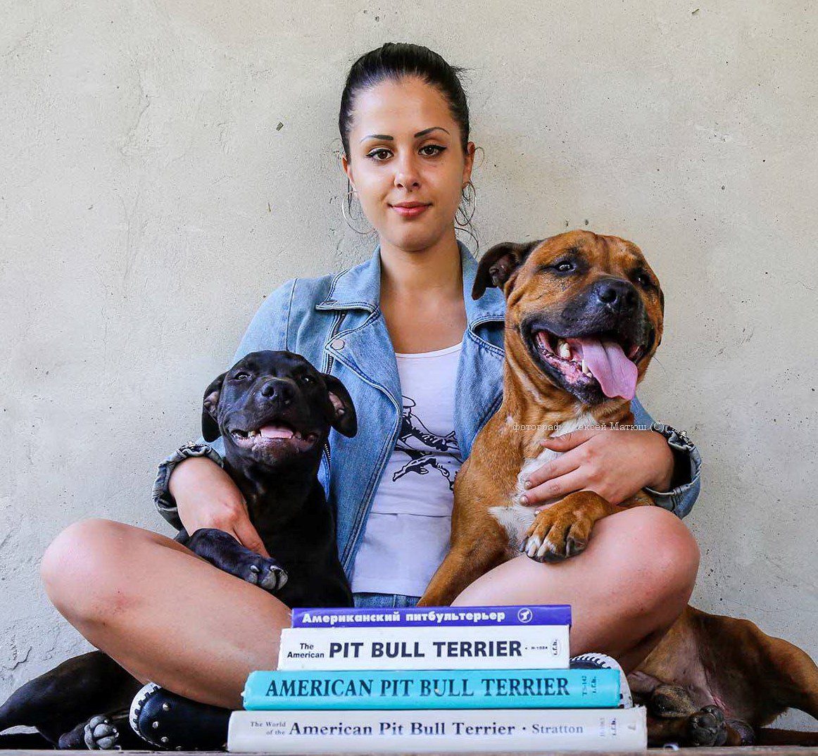 A woman with two dogs sitting on a pile of books.